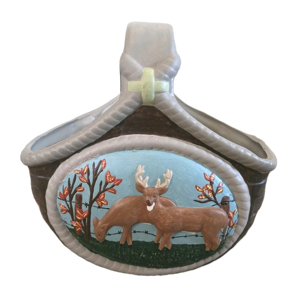 Vintage Hand Painted Ceramic Deer Basket Double Sided Outdoors Hunting Decor